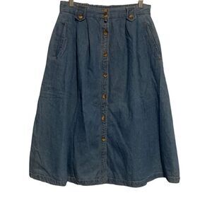 Vintage Allison Smith Button Front Pleated Denim Midi Skirt Blue Size 14P